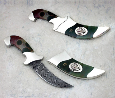 Small Kirpan with Damascus steel blade and gemstone inlay handle with Khanda symbol by The Khalsa Raj.