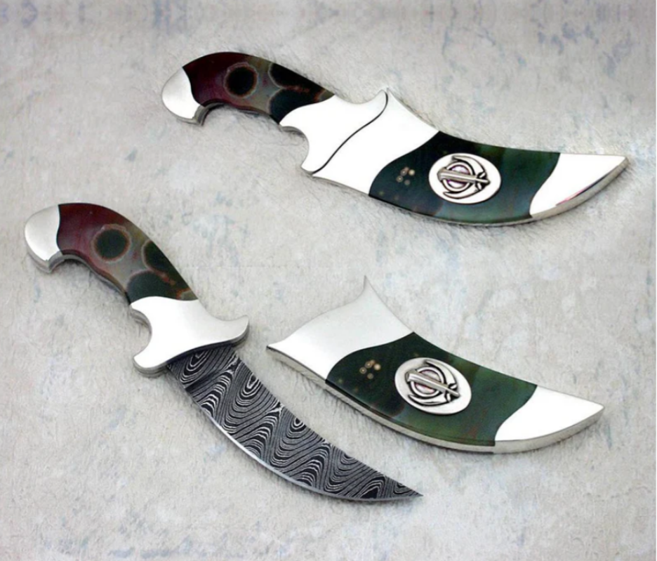 Small Kirpan with Damascus steel blade and gemstone inlay handle with Khanda symbol by The Khalsa Raj.