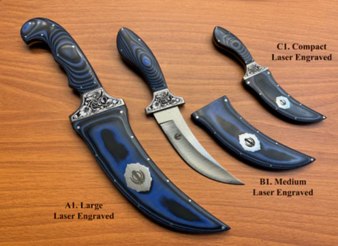 Damascus steel and amboyna burl Sikh Kirpan pair with Khanda engraving by The Khalsa Raj.