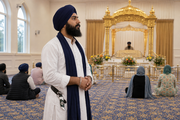Sikh man wearing a Kirpan and Kara standing in a Gurdwara in the USA during prayer.