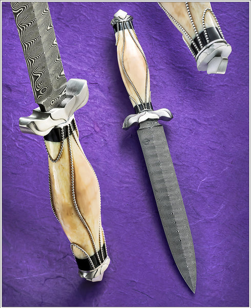 Carved fossil ivory Damascus and silver dagger