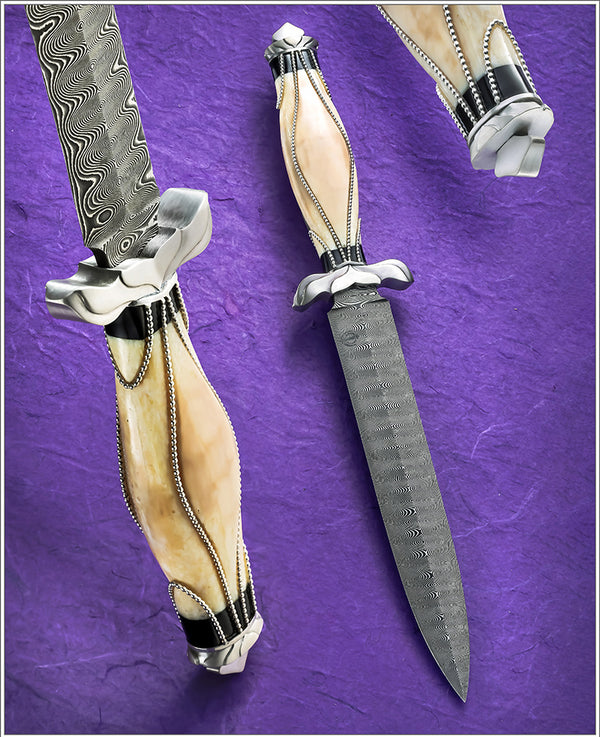 Carved fossil ivory Damascus and silver dagger