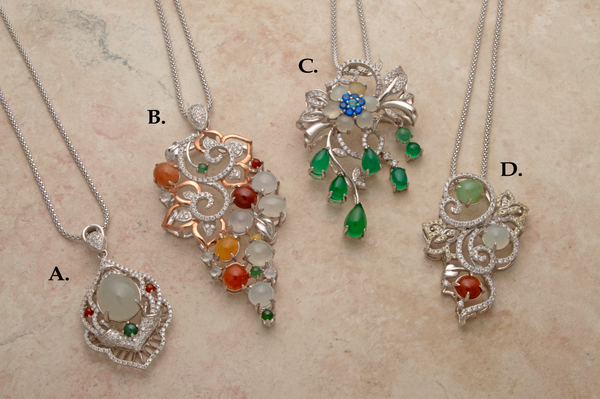 Elegant silver, jade and cubic zirconia pins or pendants on chains
