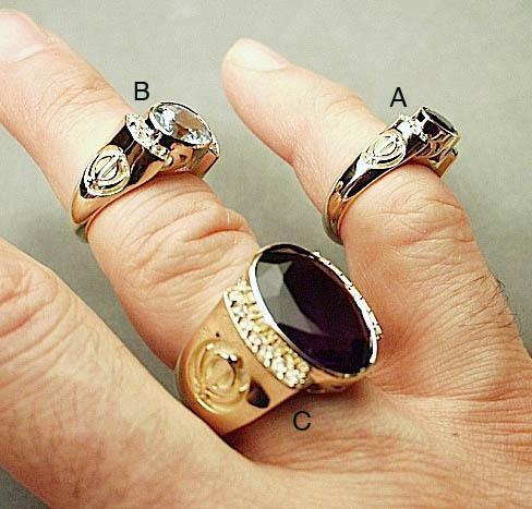 Solid gold and solid sterling silver rings with gemstones, diamonds and Khanda / Adi Shakti symbols