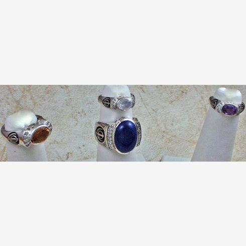 Silver rings with gemstones, diamonds and khanda / adi shakti symbols