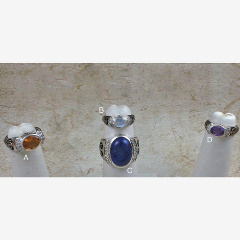 Silver rings with gemstones, diamonds and khanda / adi shakti symbols