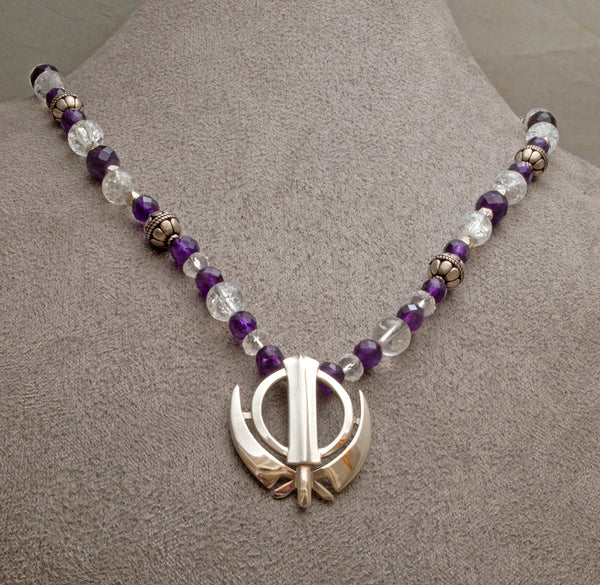 Silver amethyst clear quartz khanda / adi shakti necklace