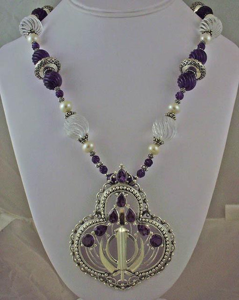 Large silver carved amethyst pearl clear quartz khanda / adi shakti Power Necklace