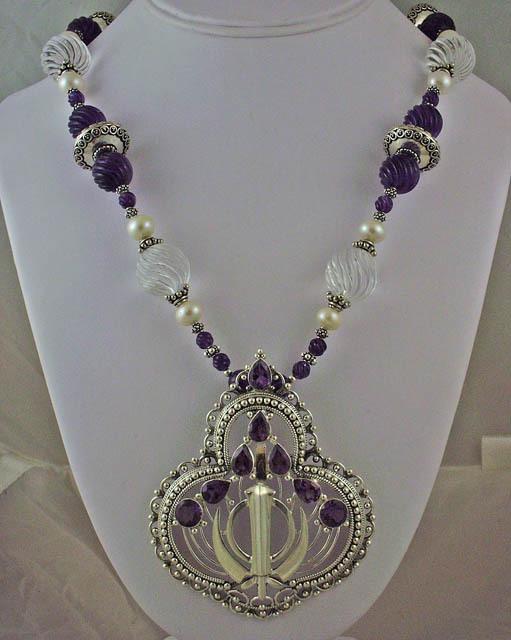 Large silver carved amethyst pearl clear quartz khanda / adi shakti Power Necklace