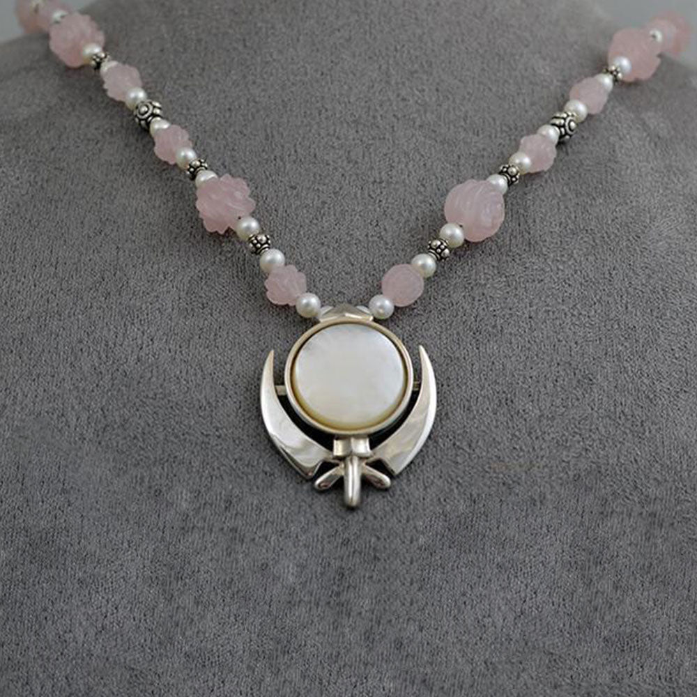 Carved rose quartz, silver and pearl Khanda/Adi Shakti necklace
