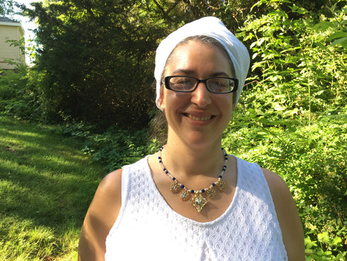 Two-tone steel Khanda/Adi Shakti Shield Necklace on carved lapis, quartz and pearl necklace