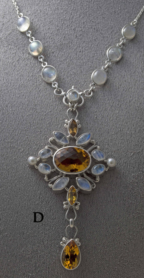 Faceted amethyst or citrine rainbow moonstone and pearl pendant and necklaces