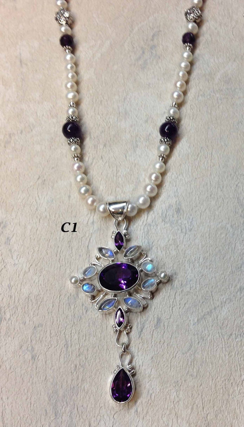 Faceted amethyst or citrine rainbow moonstone and pearl pendant and necklaces