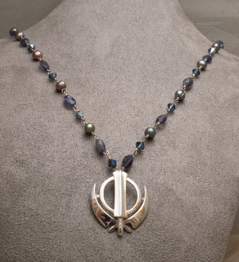 Black Pearl, Faceted Amethyst Khanda / Adi Shakti Necklace