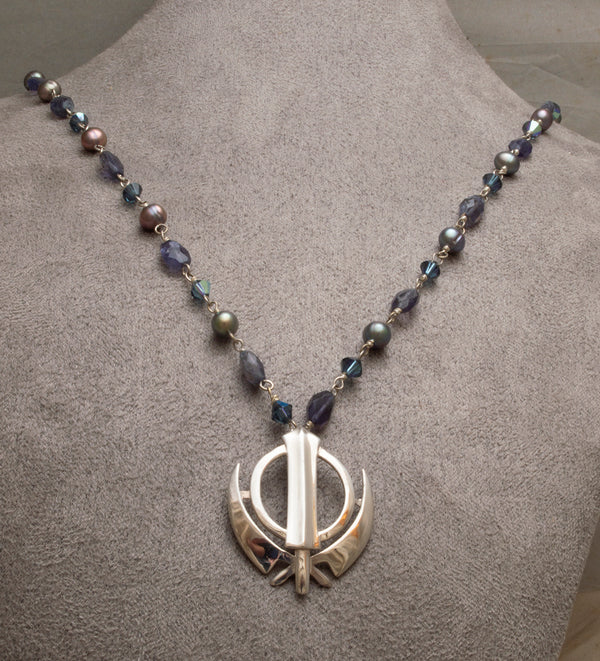Black Pearl, Faceted Amethyst Khanda / Adi Shakti Necklace