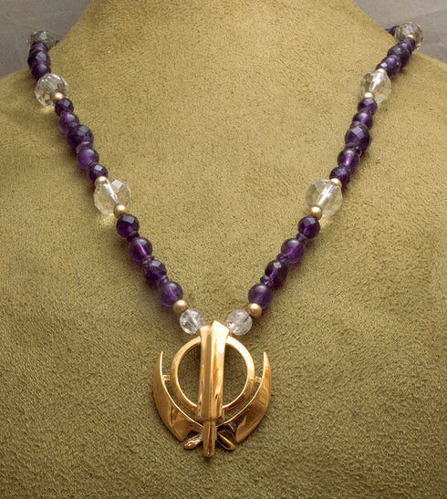 Faceted amethyst and clear quartz gold vermeil khanda / adi shakti necklace