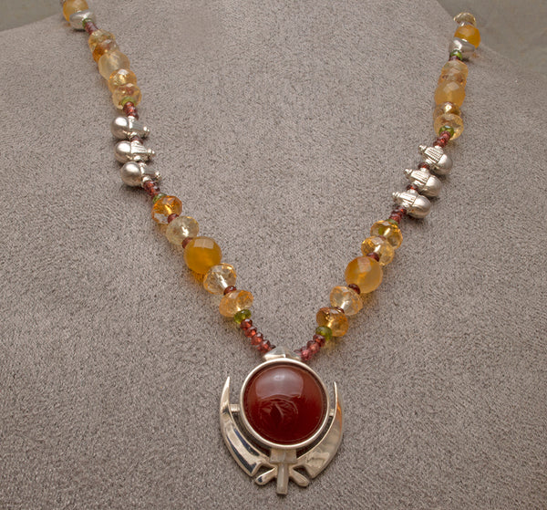 Faceted Carnelian, Silver Khanda / Adi Shakti Necklace