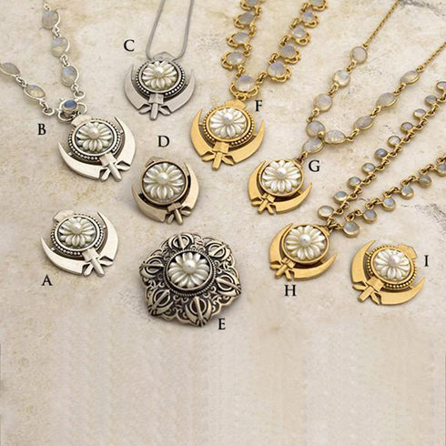 Exquisite pearl Adi Shakti pin pendants and pendants with varied gemstone necklaces