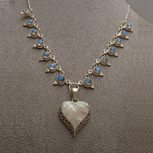 Heart shaped silver mother of pearl pendant on silver labradorite necklace
