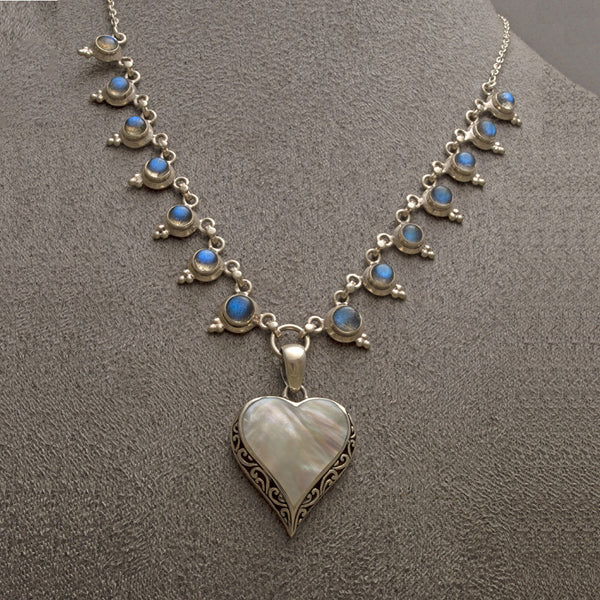 Heart shaped silver mother of pearl pendant on silver labradorite necklace