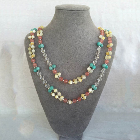 Golden Tridacna, Microcline, Quartz Crystal, Strawberry Quartz and Silver Bead Tantric Necklace
