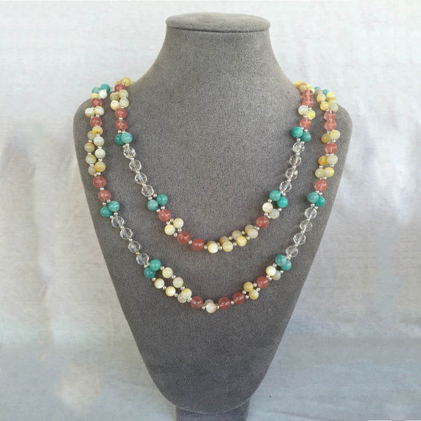 Golden Tridacna, Microcline, Quartz Crystal, Strawberry Quartz and Silver Bead Tantric Necklace