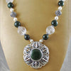 Jade, clear quartz, pearl and silver Khanda / adi shakti necklace
