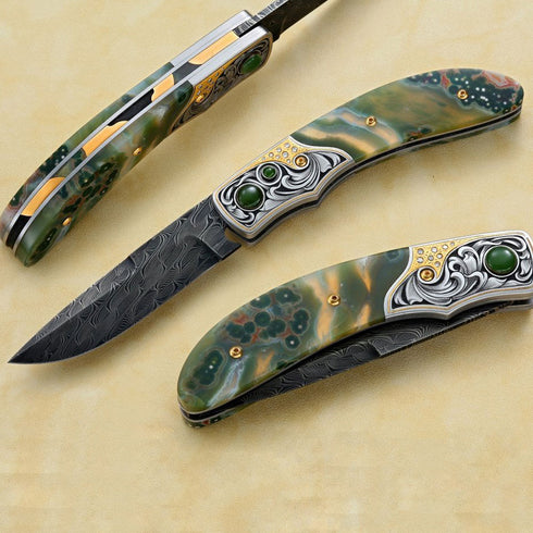 Engraved Jasper folding knife