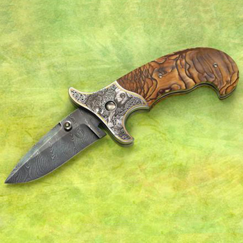 Engraved zebra jasper folding knife