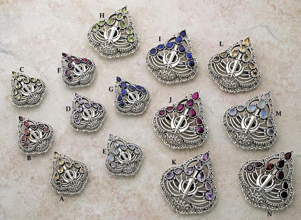 "Kalghi" Gemstone Khanda / Adi Shakti pin pendants