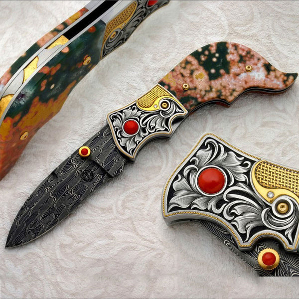 Engraved Ocean Jasper folding knife