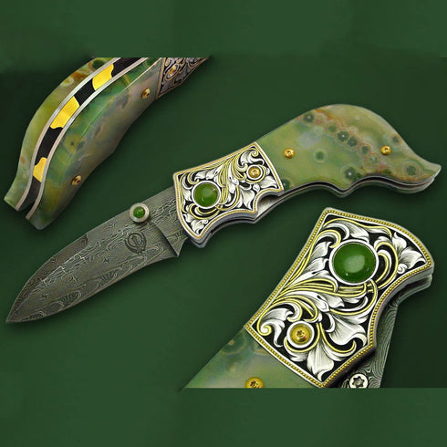 Engraved Ocean Jasper folding knife2
