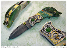 Load image into Gallery viewer, Engraved Green ocean jasper folding knife
