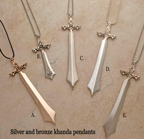 Carved and sculpted large Khanda pendants on chains