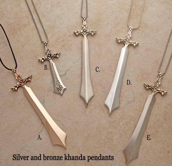 Carved and sculpted large Khanda pendants on chains