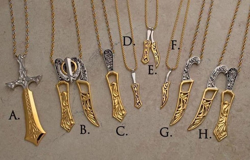 Two-tone steel Khanda and Kirpan pendants on chains - Purchase two or more and receive 25% off!!