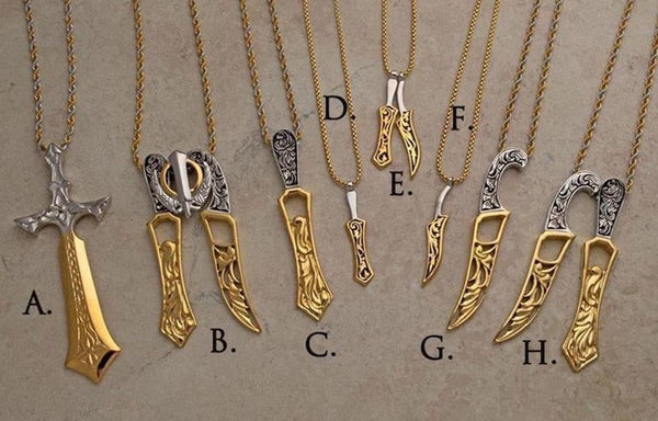 Two-tone steel Khanda and Kirpan pendants on chains - Purchase two or more and receive 25% off!!