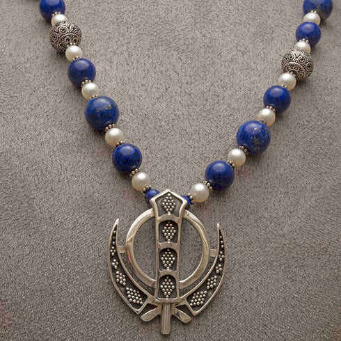 Silver, lapis, pearl khanda / adi shakti necklace2