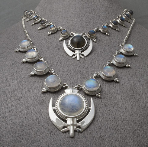 Elegant rainbow moonstone and labradorite Khanda / Adi Shakti necklaces