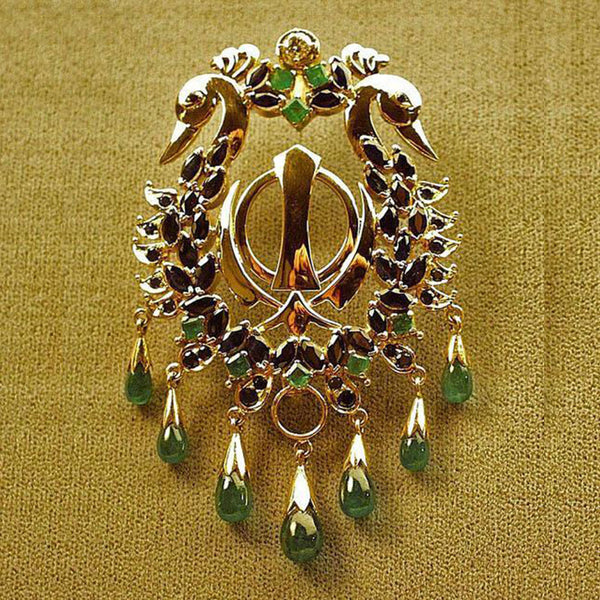 Gold Khanda / Adi Shakti swan pin pendant with gems