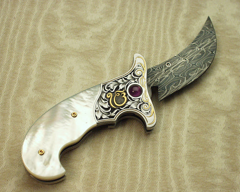 Mother of pearl handled, engraved liner lock folding Kirpan