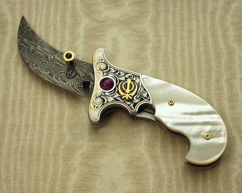 Mother of pearl handled, engraved liner lock folding Kirpan