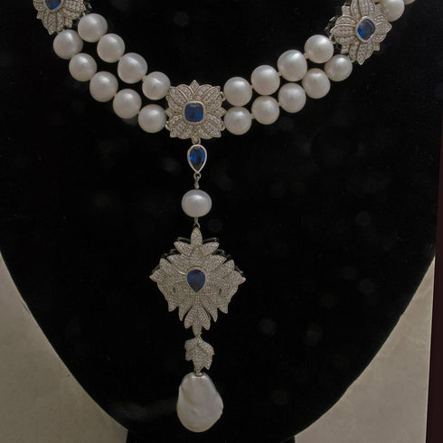 Pearl ruby / sapphire cubic zirconia silver necklace