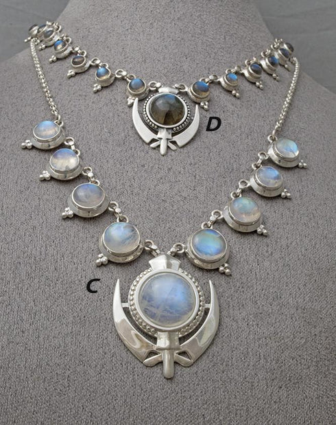 Elegant rainbow moonstone and labradorite Khanda / Adi Shakti necklaces