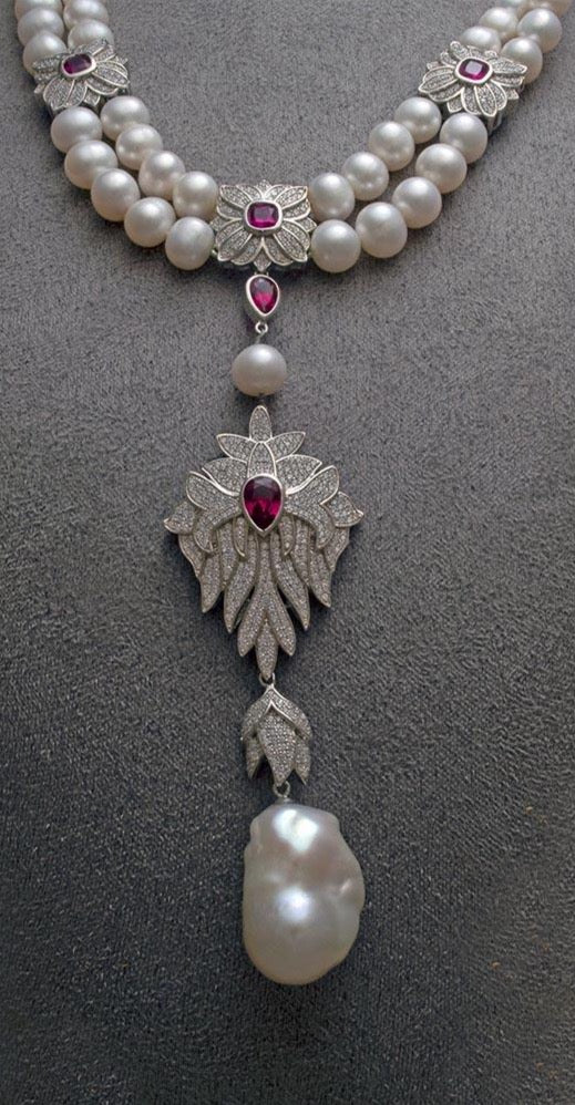 Natural double-strand freshwater pearl and ruby and white colored cubic zirconia inset silver necklace