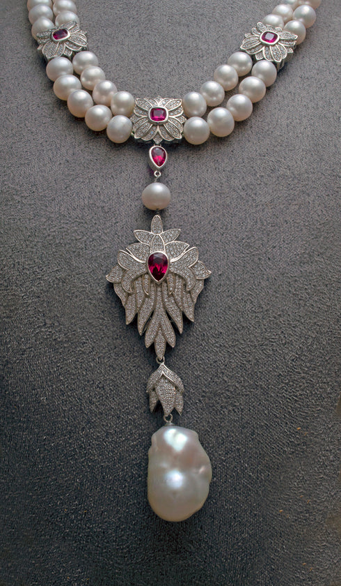 Pearl ruby / sapphire cubic zirconia silver necklace
