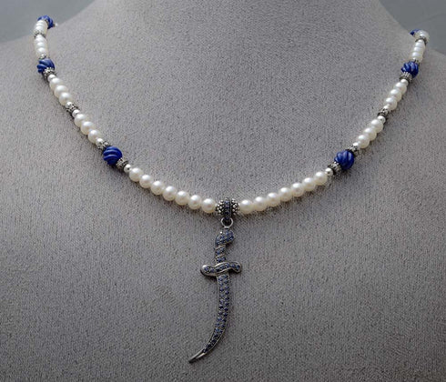 Natural blue sapphire dagger, diamond and pearl Power Necklace