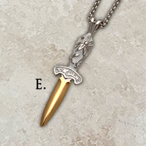 Two-tone steel Flower dagger pendants on chains