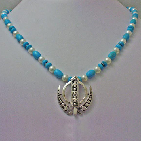 Silver, turquoise and pearl Khanda / Adi Shakti Necklace