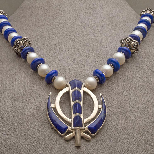 Silver, lapis, pearl khanda / adi shakti necklace